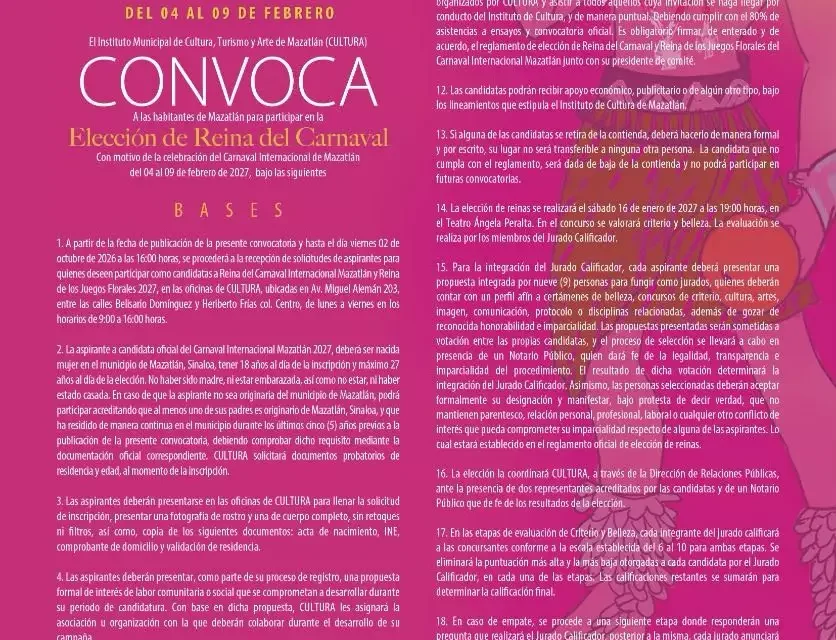 CONVOCAN A ELECCIÓN DE REINAS PARA EL CARNAVAL INTERNACIONAL MAZATLÁN 2027