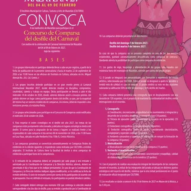 INVITAN A PARTICIPAR EN EL CONCURSO DE COMPARSAS DEL CARNAVAL INTERNACIONAL MAZATLÁN 2027