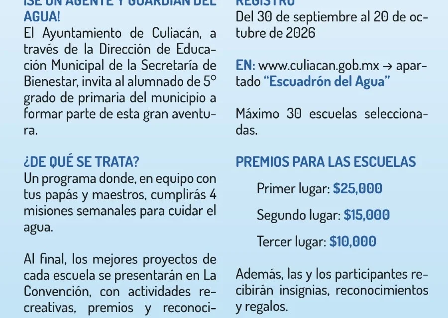 ABRE AYUNTAMIENTO DE CULIACÁN CONVOCATORIA PARA LA SEGUNDA EDICIÓN DE “ESCUADRÓN DEL AGUA”
